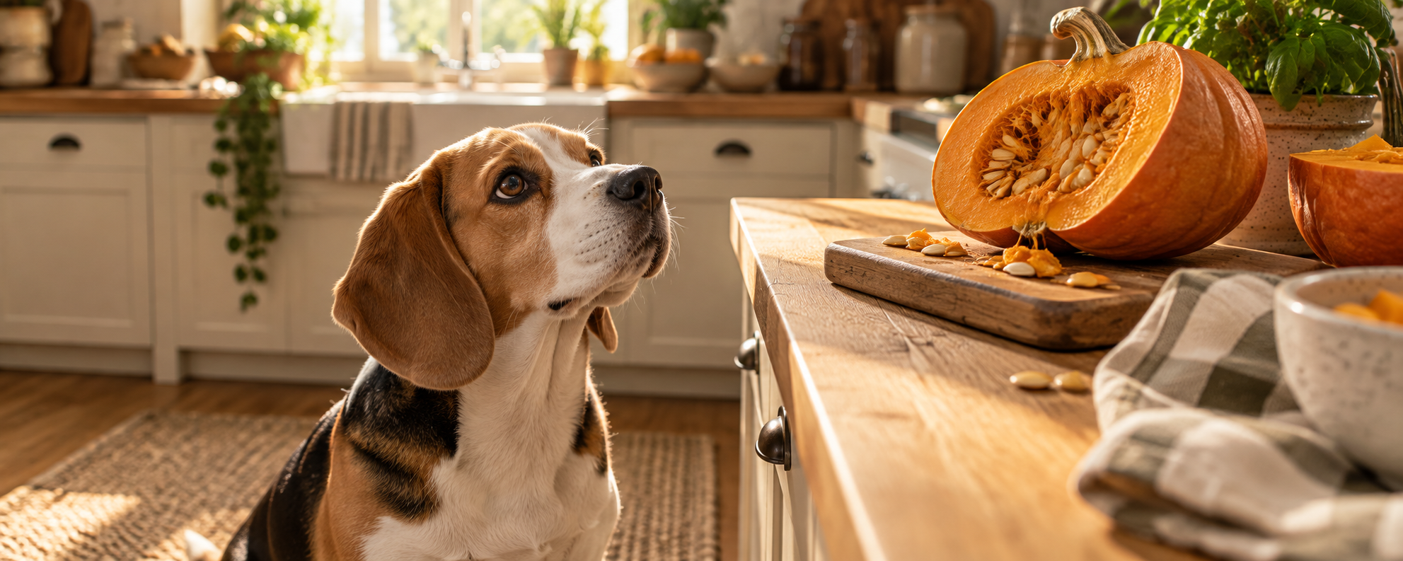 Beagle sitzt in der Küche und schaut interessiert zu einem aufgeschnittenen Kürbis auf der Arbeitsplatte hoch