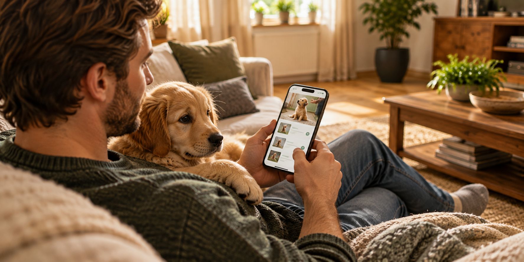 Person sitzt entspannt auf dem Sofa mit Welpen im Arm und hält ein Smartphone mit der RUDEL. App
