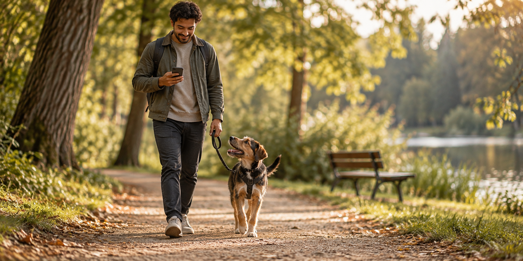 Person geht mit Hund an der Leine durch den Park und schaut dabei kurz auf ihr Smartphone