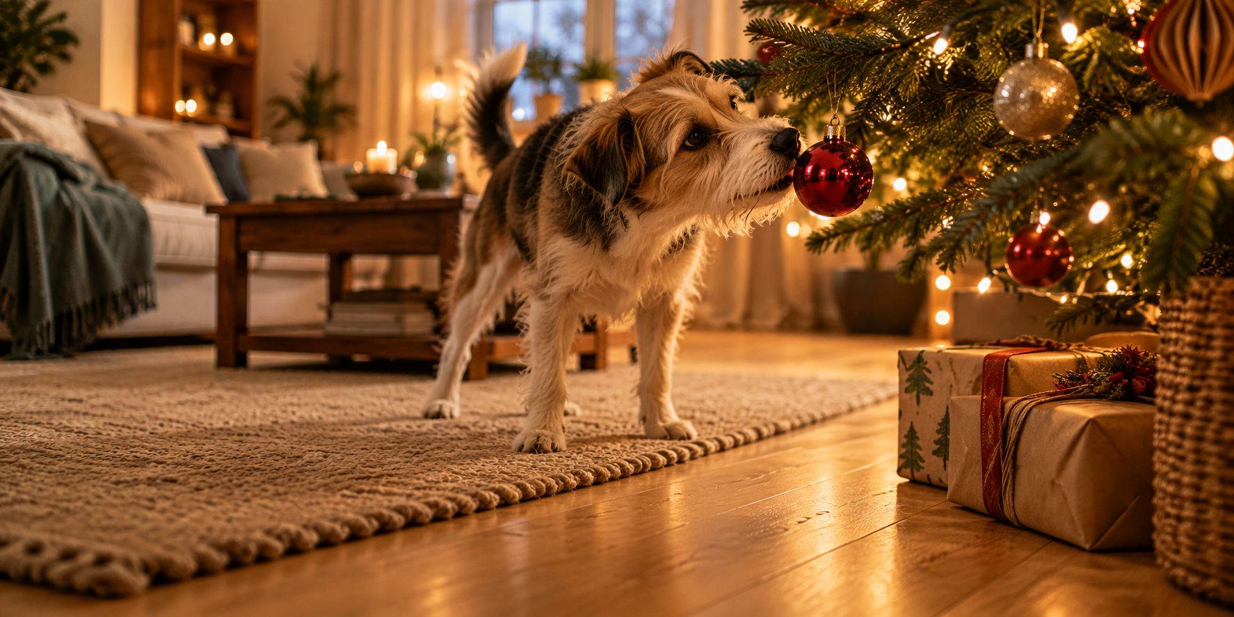 Hund schnuppert neugierig an einer roten Weihnachtskugel, die tief am geschmückten Weihnachtsbaum hängt