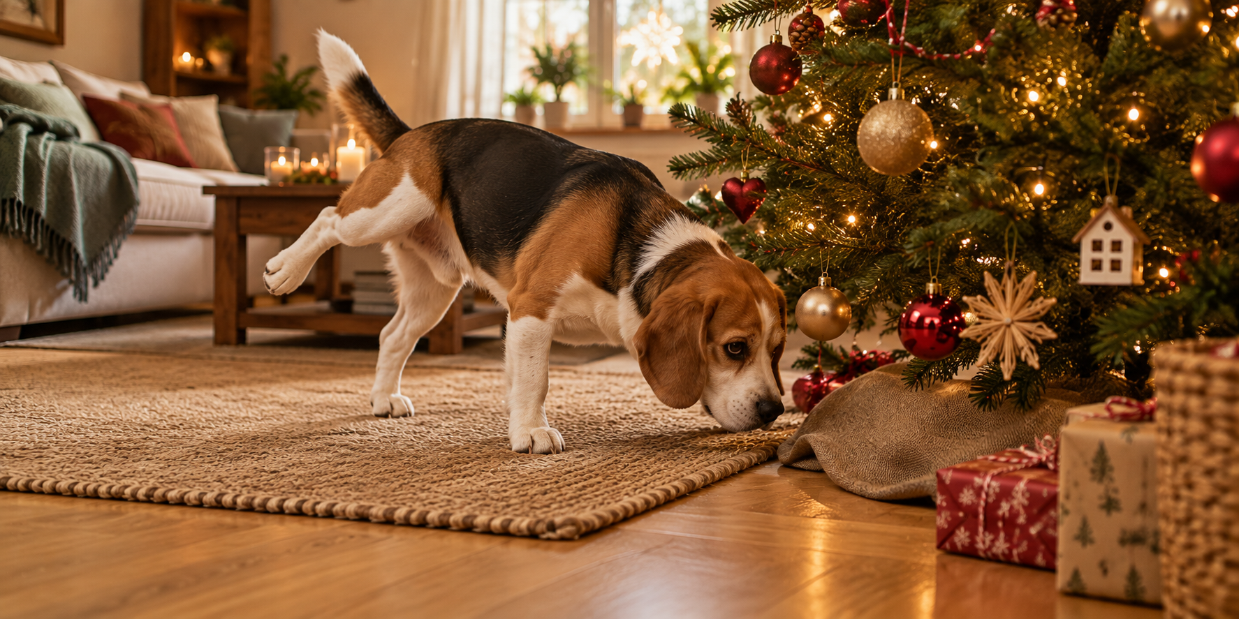 Beagle hebt das Bein am Fuß eines geschmückten Weihnachtsbaums im Wohnzimmer