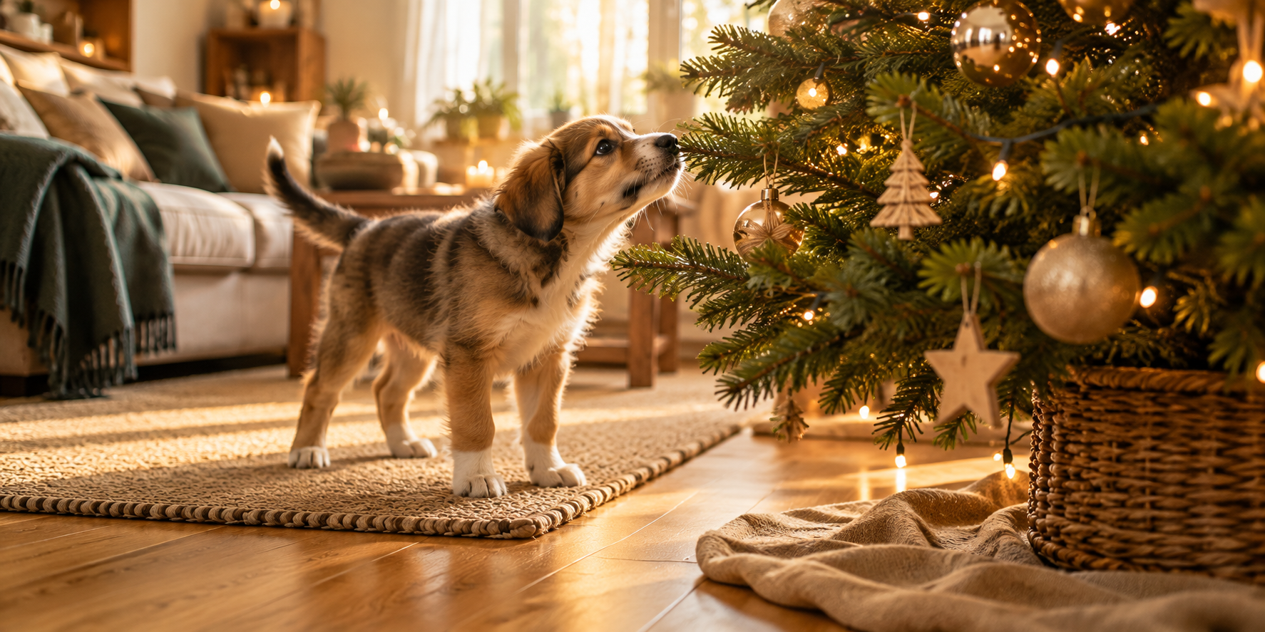 Welpe beschnuppert vorsichtig und neugierig einen frisch aufgestellten, geschmückten Weihnachtsbaum