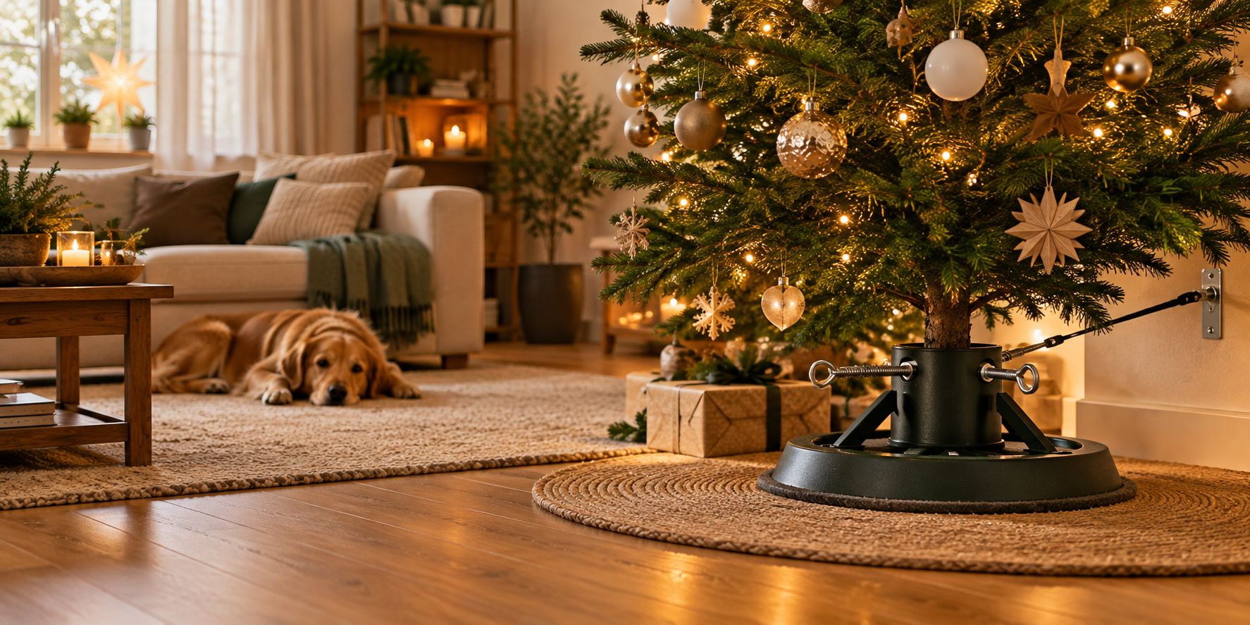 Mit einem Wandhalter fest verankerter Weihnachtsbaum, im Hintergrund liegt ein ruhiger Hund auf dem Teppich