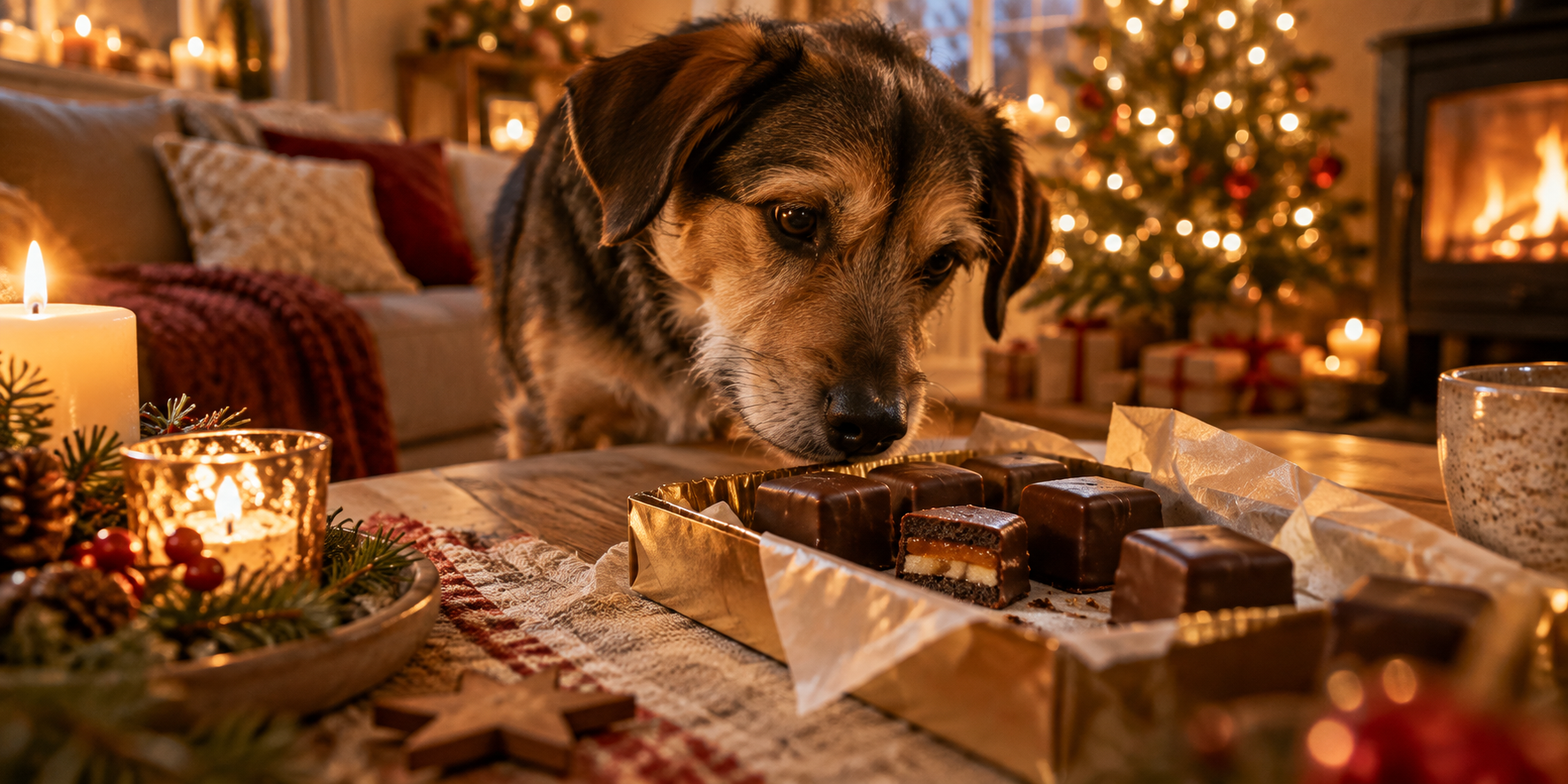Hund schnuppert interessiert an einer geöffneten Packung Dominosteine auf dem Couchtisch