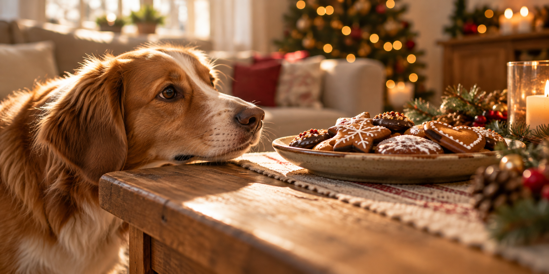 Hund legt den Kopf auf den Tisch und schaut sehnsüchtig auf einen Teller mit verzierten Lebkuchen