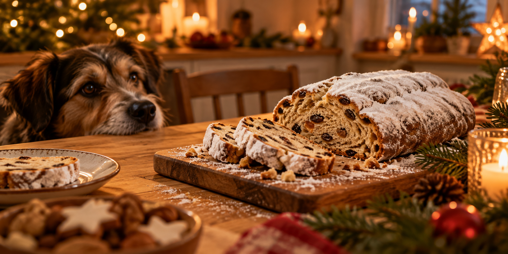 Hund schaut interessiert auf einen angeschnittenen, mit Puderzucker bestäubten Christstollen auf dem Küchentisch