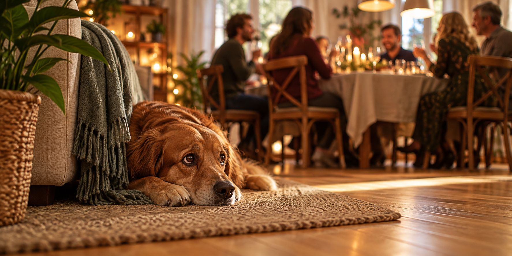 Hund liegt zurückgezogen neben dem Sofa, im unscharfen Hintergrund ein festlich gedeckter, belebter Tisch mit Gästen