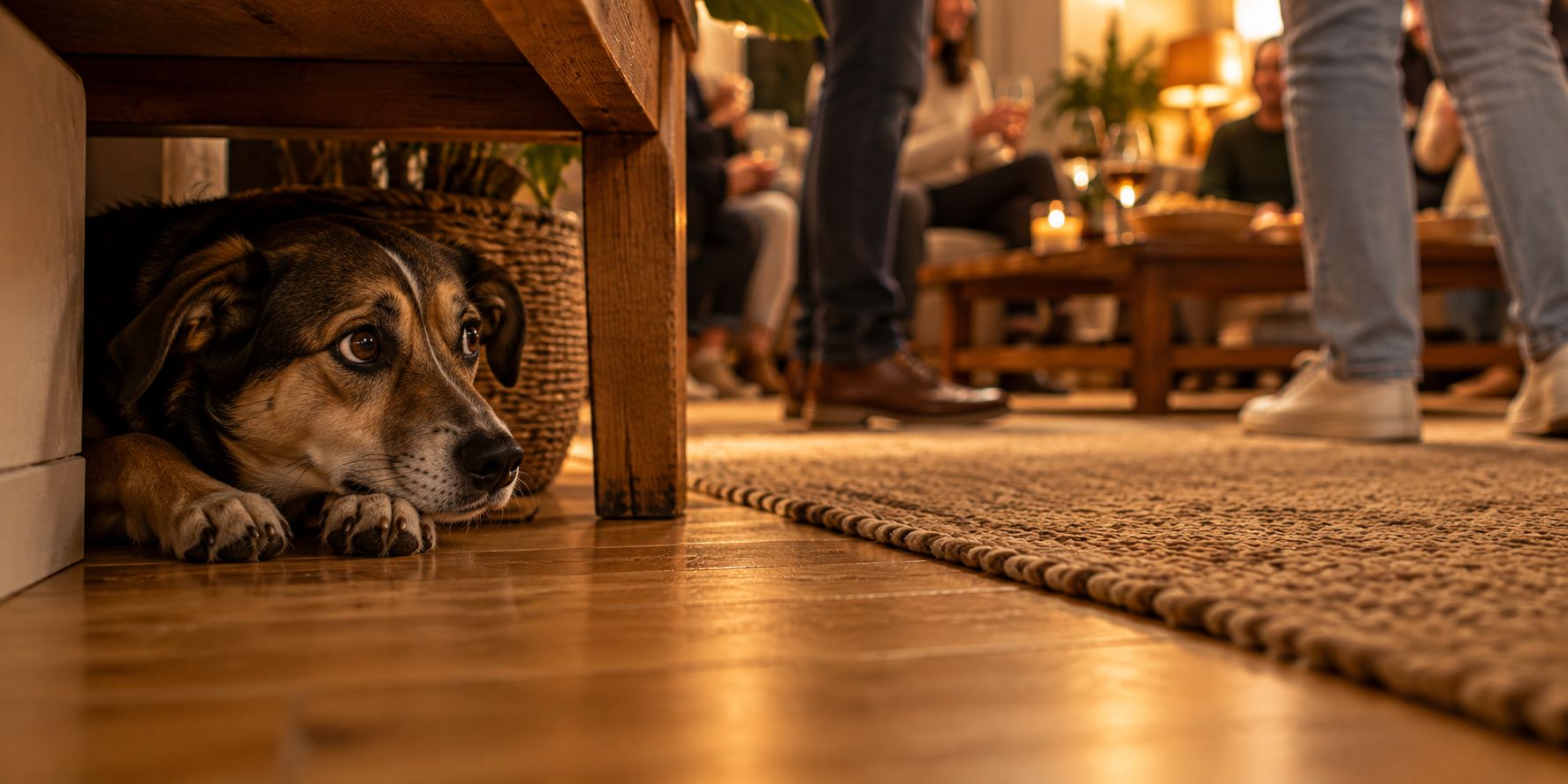 Hund liegt aus der Hundeperspektive unter einem Tisch, im Hintergrund die Beine mehrerer Gäste im Wohnzimmer