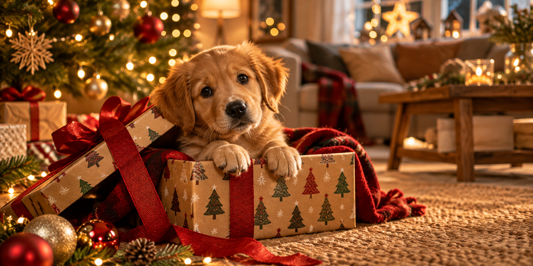 Welpe schaut aus einer weihnachtlich verpackten Geschenkbox mit roter Schleife heraus, im Hintergrund der geschmückte Weihnachtsbaum